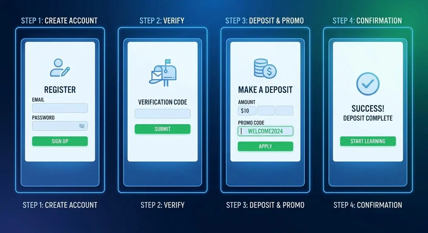 Paso a paso para activar un código promocional Tutorial visual para usar un código promocional en registro o depósito