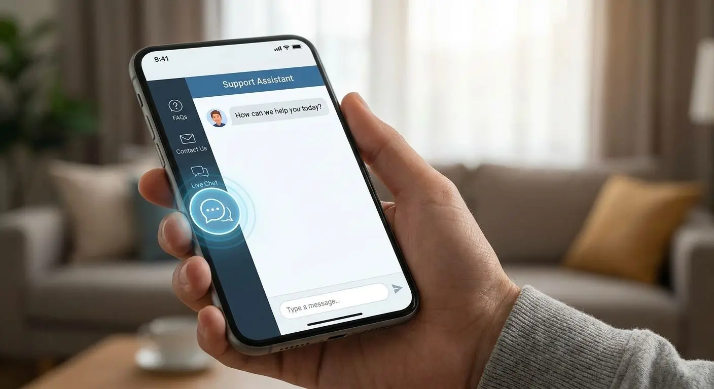 Interfaz móvil con menú abierto y burbuja de chat