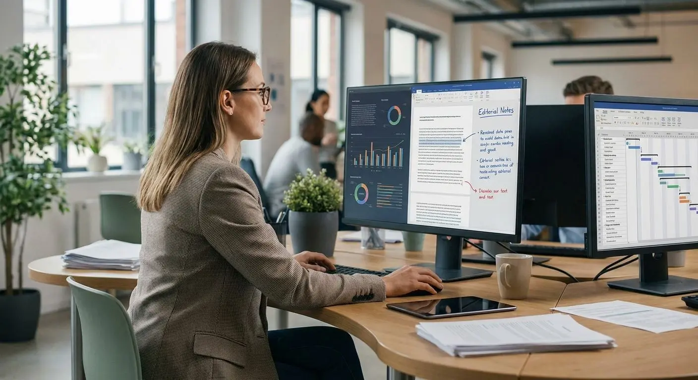 Autora analizando procesos de cierre de cuenta Analista de contenido trabajando frente a un computador con datos y textos