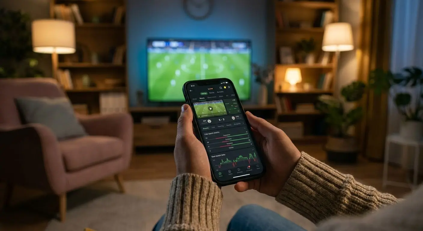 Uso móvil de Wplay en vivo durante un partido Usuario con smartphone viendo fútbol y usando la app móvil en tiempo real