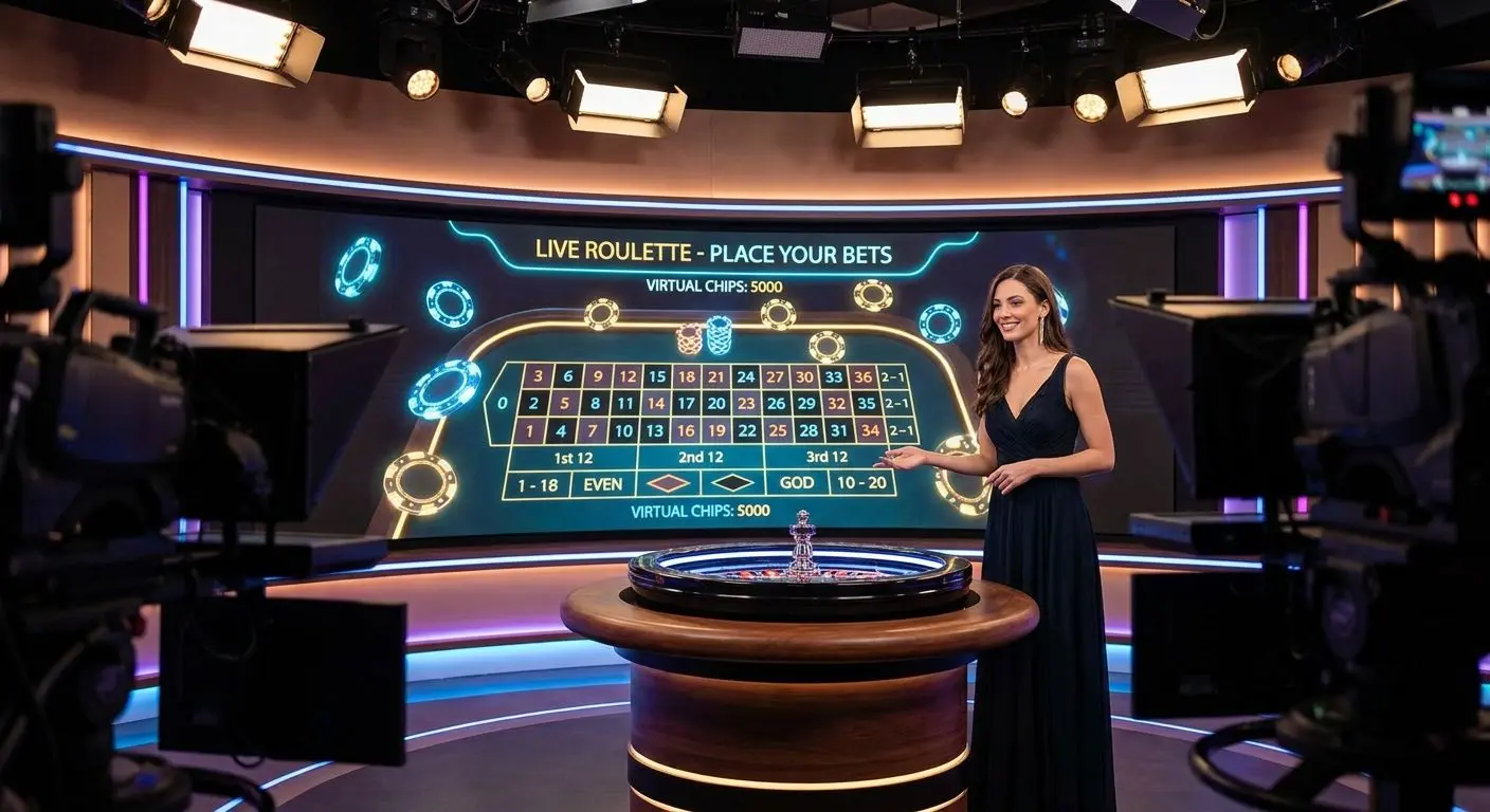 Mesa en vivo con interfaz interactiva Mesa en vivo estilo ruleta con presentador y fichas virtuales en pantalla