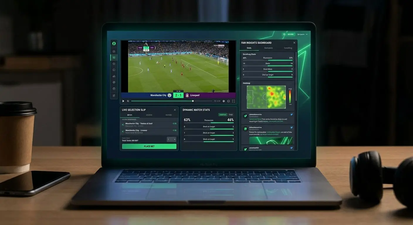 Partidos en vivo y mercados en tiempo real Interfaz de partidos en vivo con fútbol en pantalla y panel de selección abierto