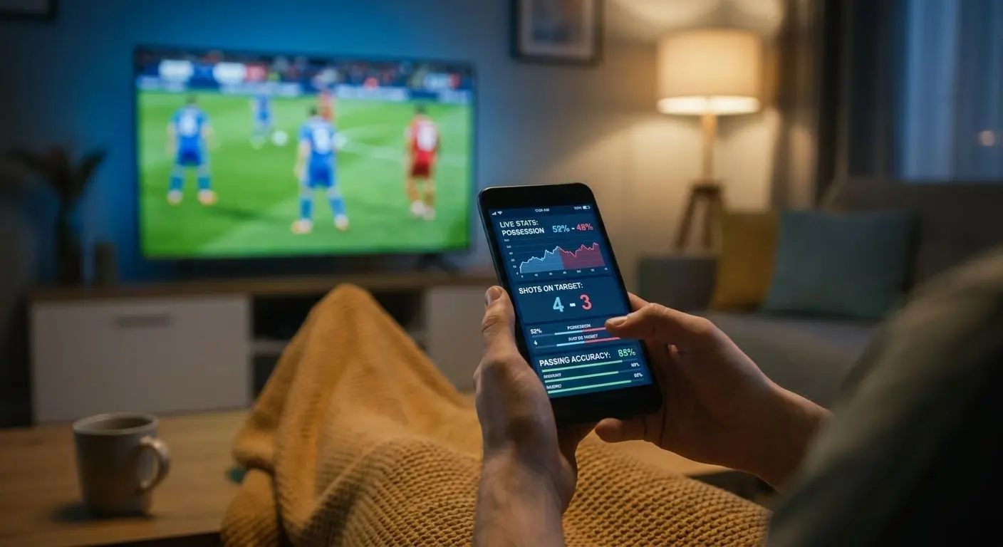 Uso móvil para seguir fútbol en vivo Usuario siguiendo fútbol en vivo desde el móvil mientras ve un partido