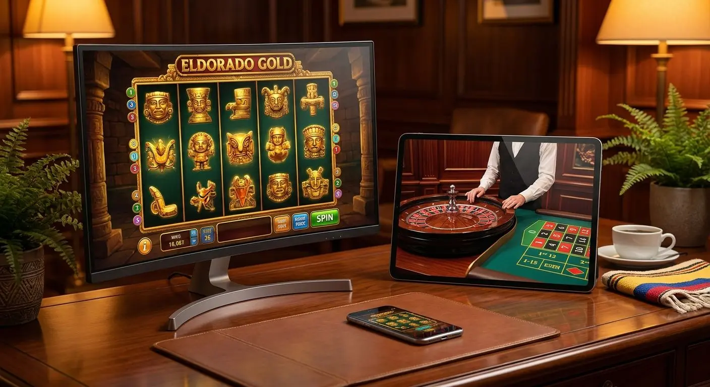 Escena de slots y ruleta en vivo en entorno digital