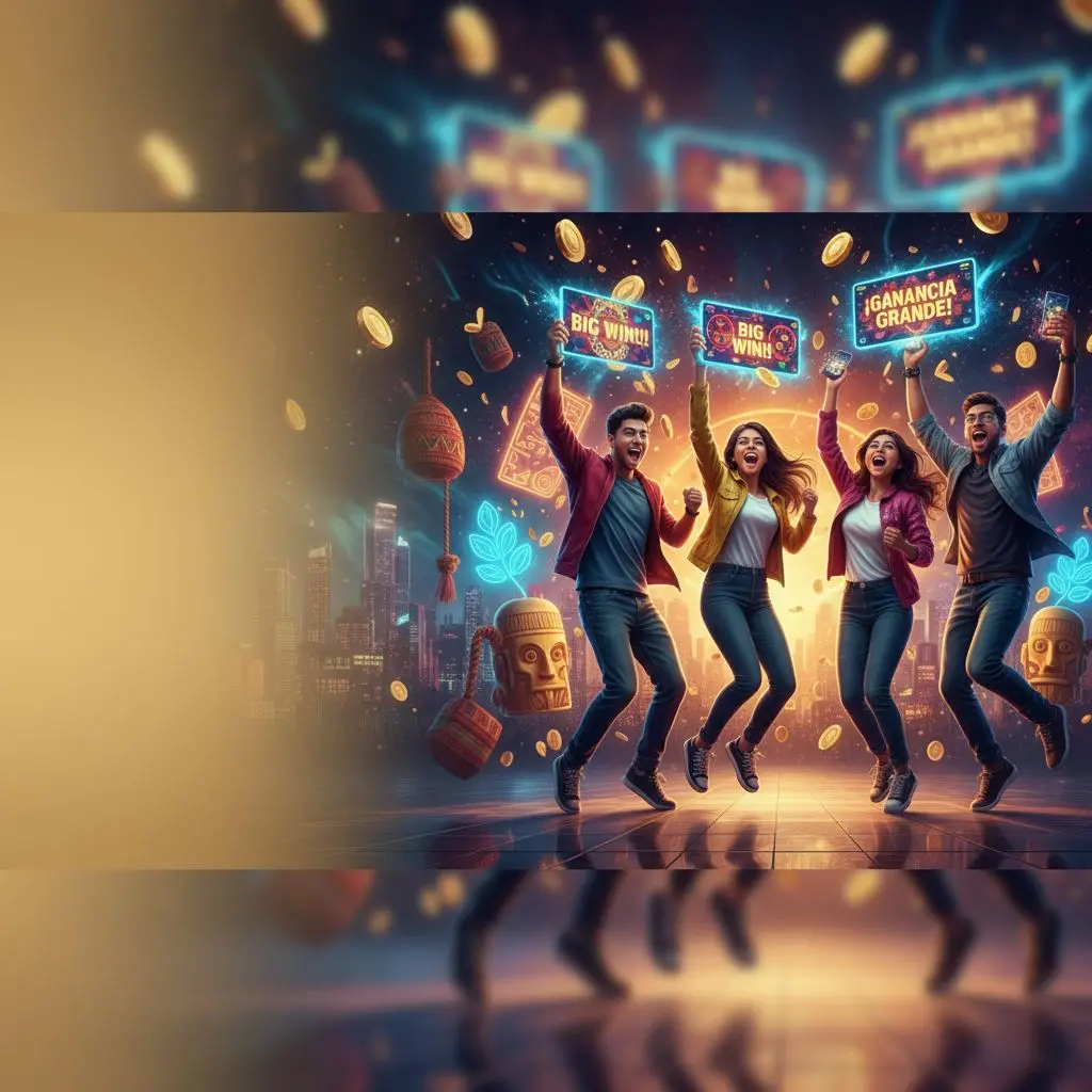 Jugadores colombianos celebrando grandes ganancias en casino online, ambiente festivo y dinámico.