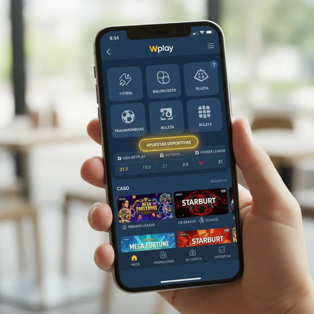 Interfaz principal de la app Wplay destacando casino y apuestas deportivas