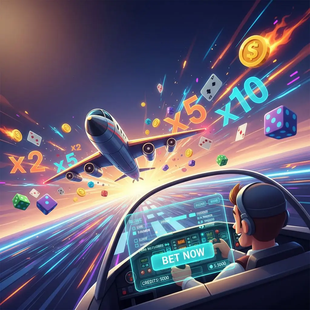 Avión digital despegando como icono del juego Aviator en un cielo virtual para wplay