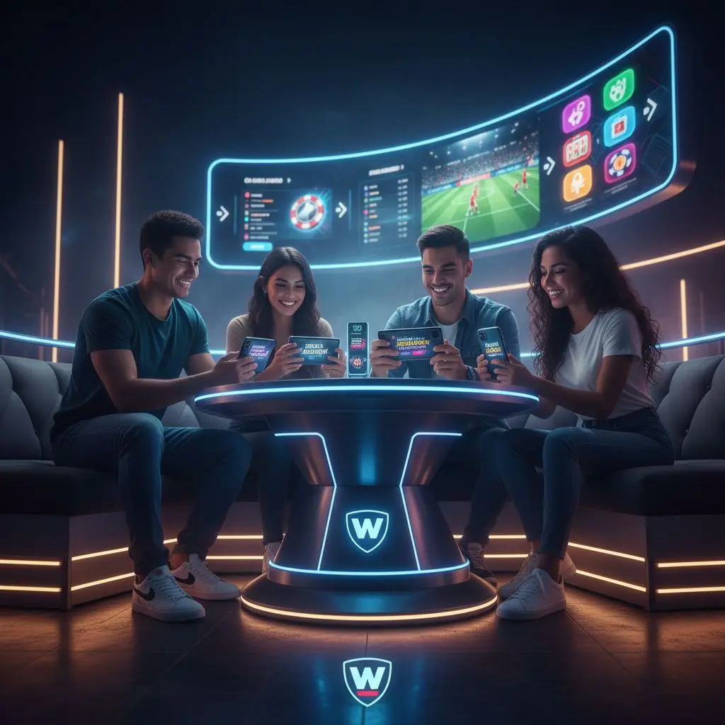 Jugadores colombianos revisando el bono de bienvenida de Wplay en móviles, ambiente casino digital