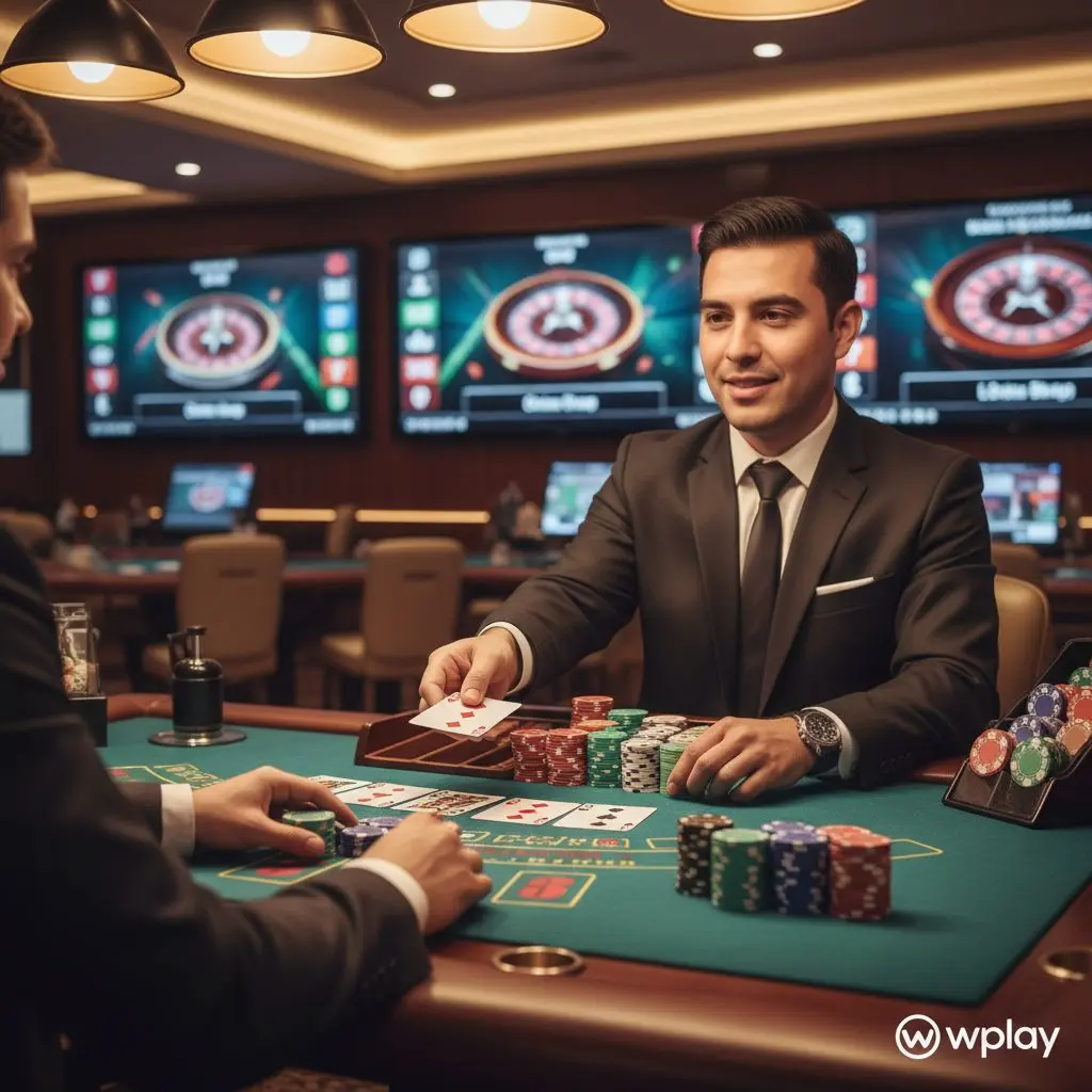 Mesa de blackjack con dealer en Wplay Casino en Vivo, ambiente profesional y emocionante