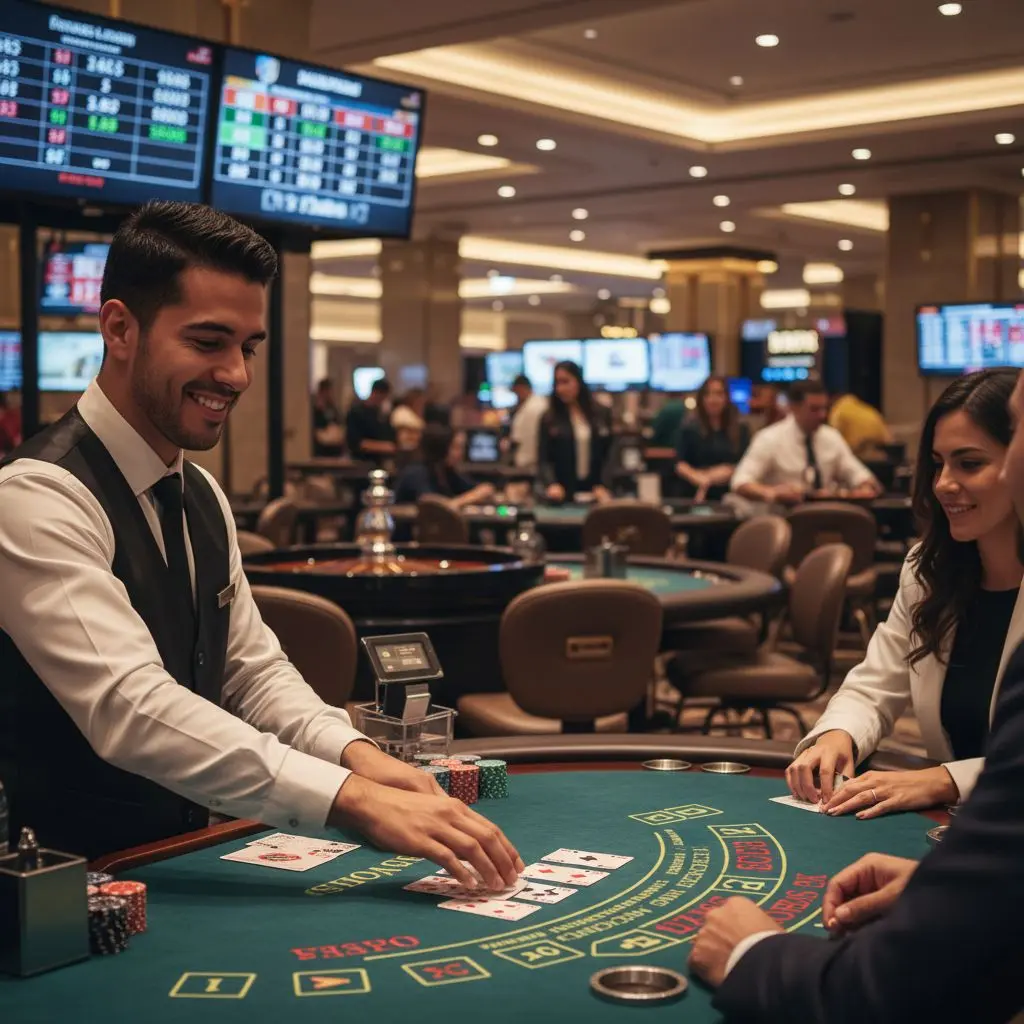 Escena profesional de blackjack y ruleta en el casino en vivo de Wplay, dealers reales y ambiente emocionante