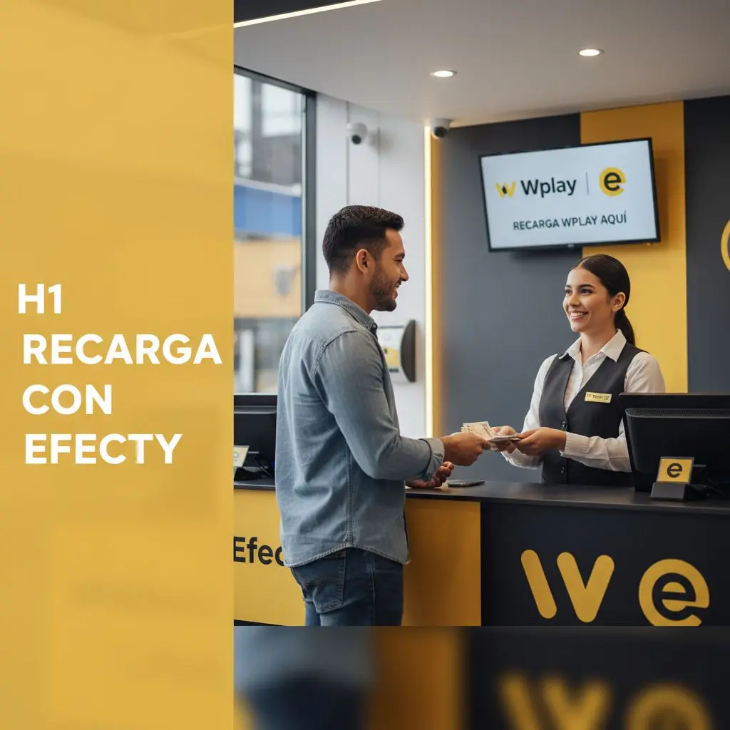 Cliente colombiano recarga Wplay en un punto Efecty, escena amigable y moderna