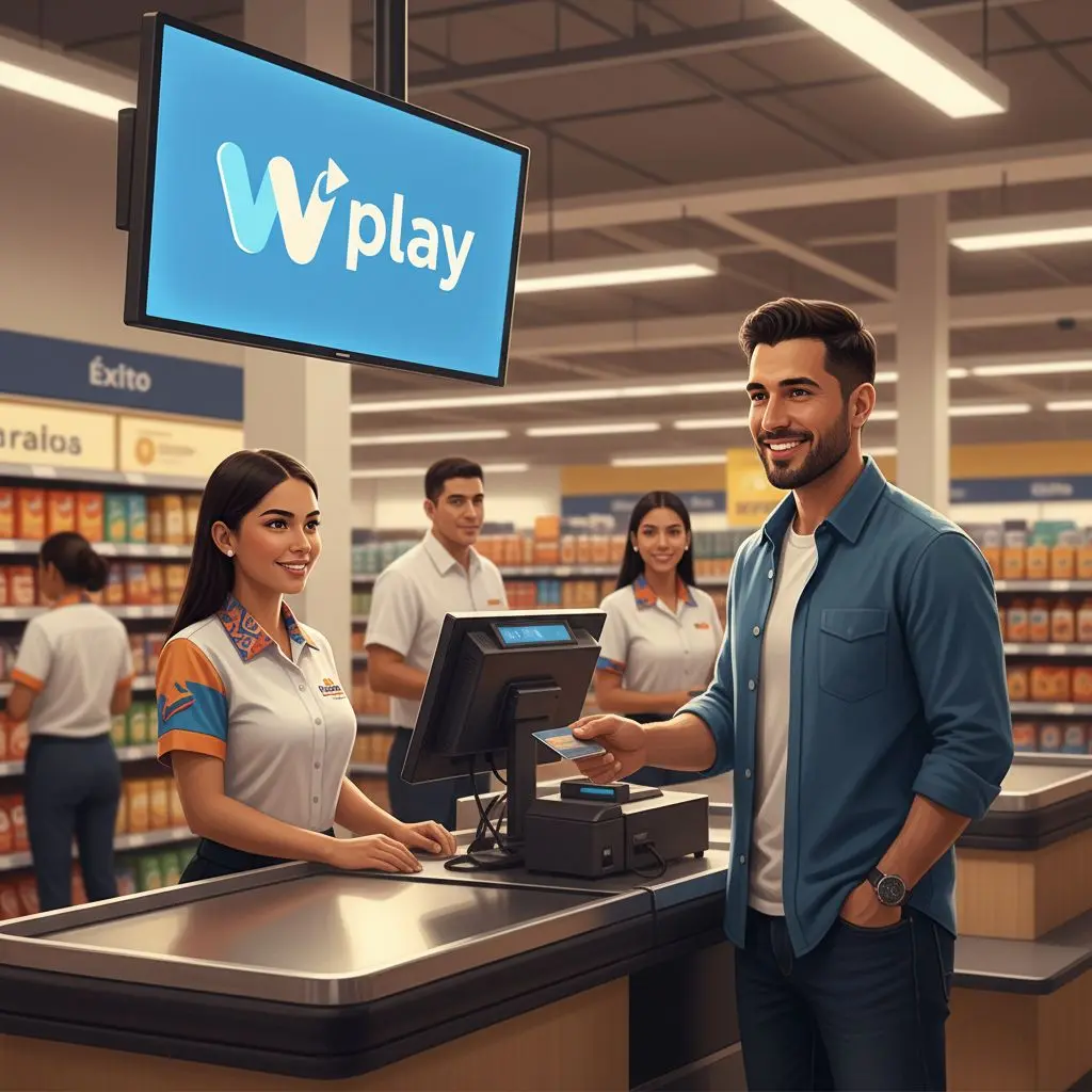 Cliente haciendo recarga Wplay en caja de tienda Éxito