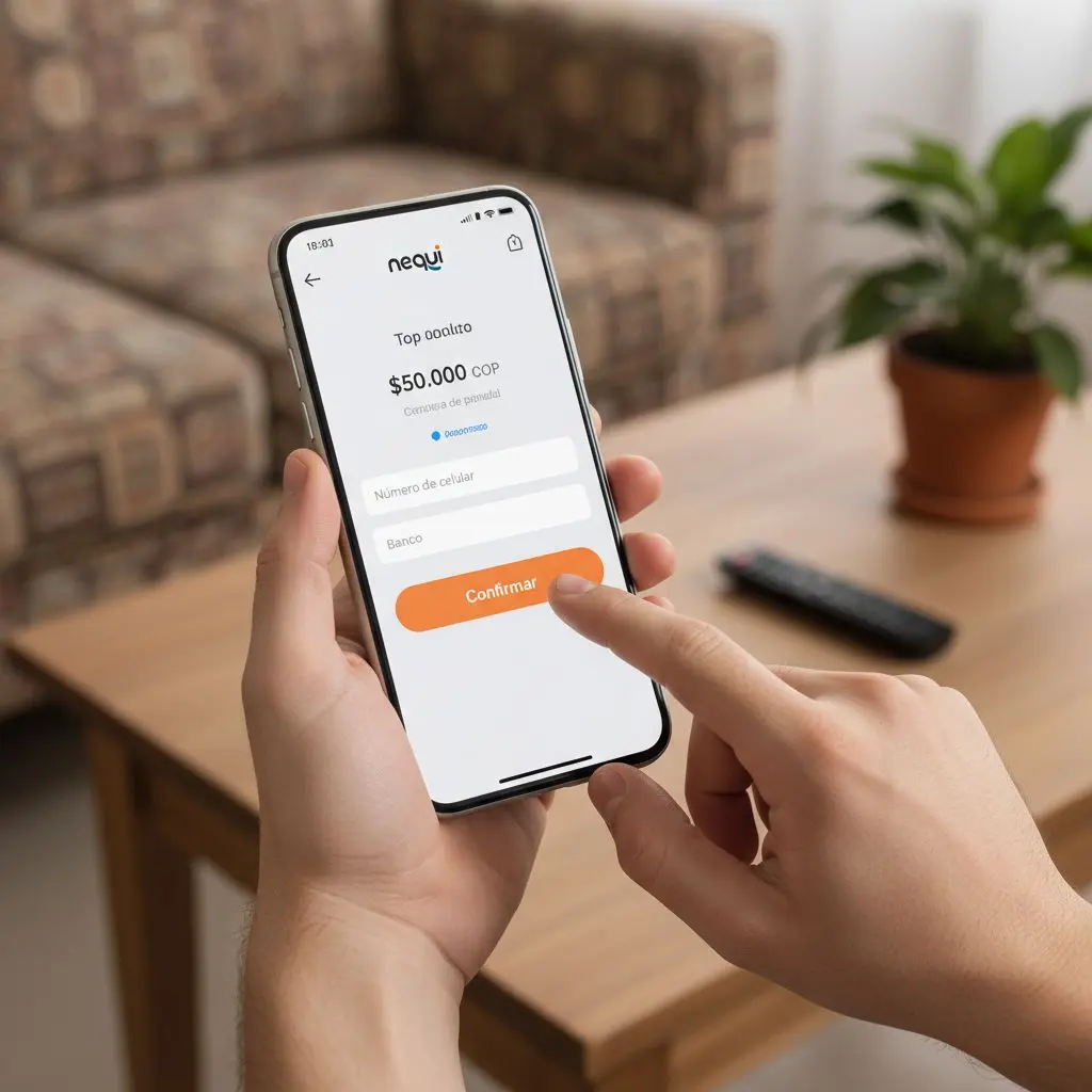 Mano usando Nequi para recargar Wplay en su smartphone