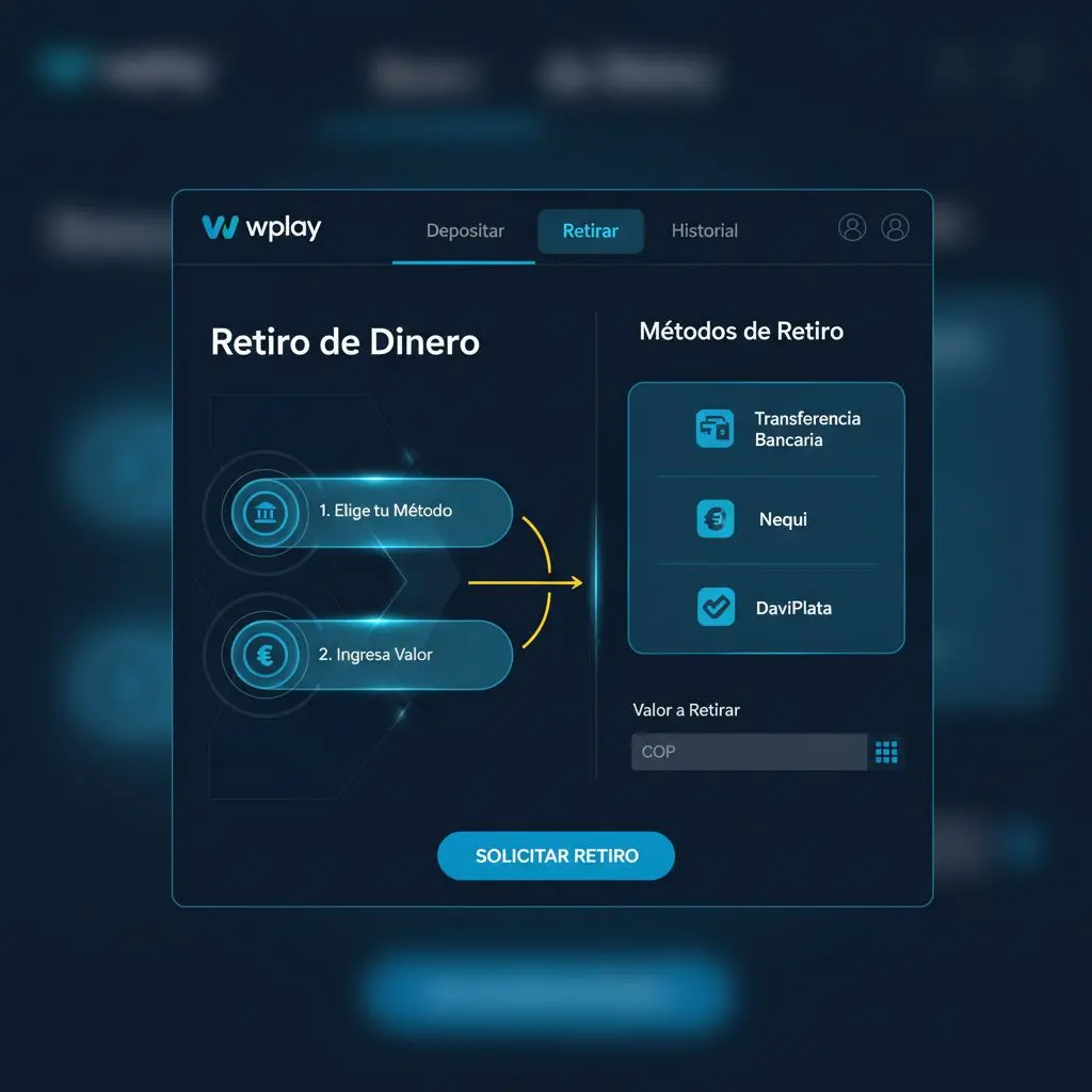 Interfaz paso a paso para retirar dinero de Wplay mostrando menú de opciones
