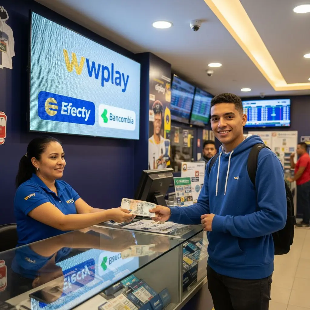 Usuario retirando dinero en efectivo de Wplay en ventanilla con logos de Efecty y Bancolombia