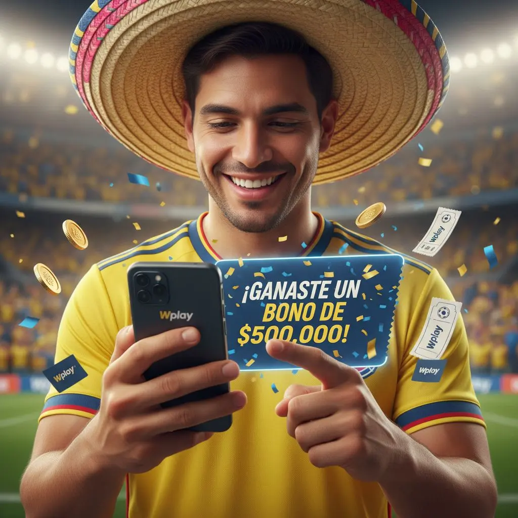 Apostador colombiano feliz revisando bono deportivo en Wplay desde móvil