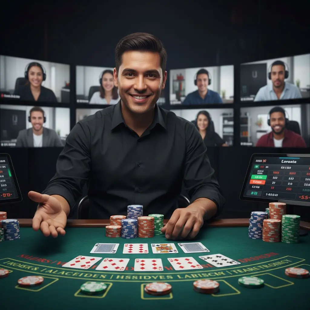 Mesa de Blackjack en vivo en Wplay con crupier y fichas.