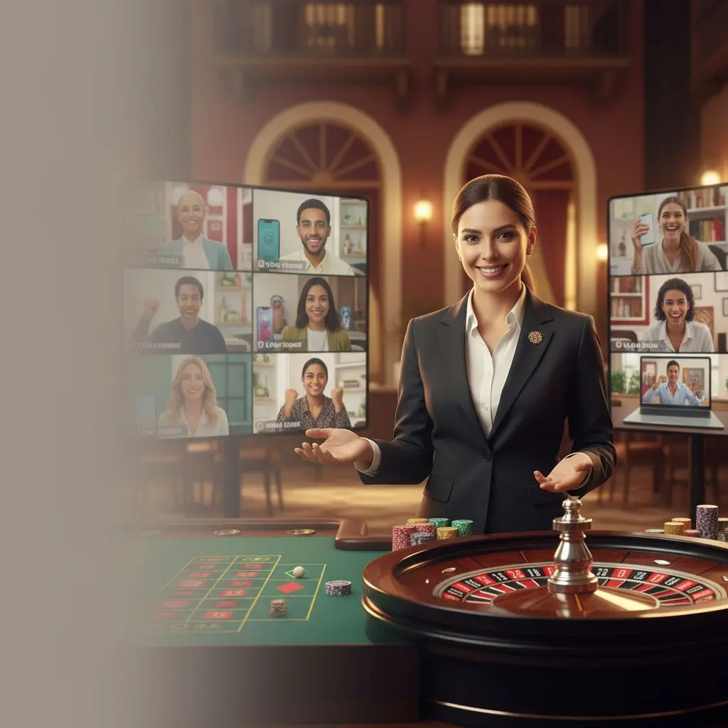 Crupier colombiano guiando ruleta en casino en vivo de Wplay, ambiente cálido y alegre.