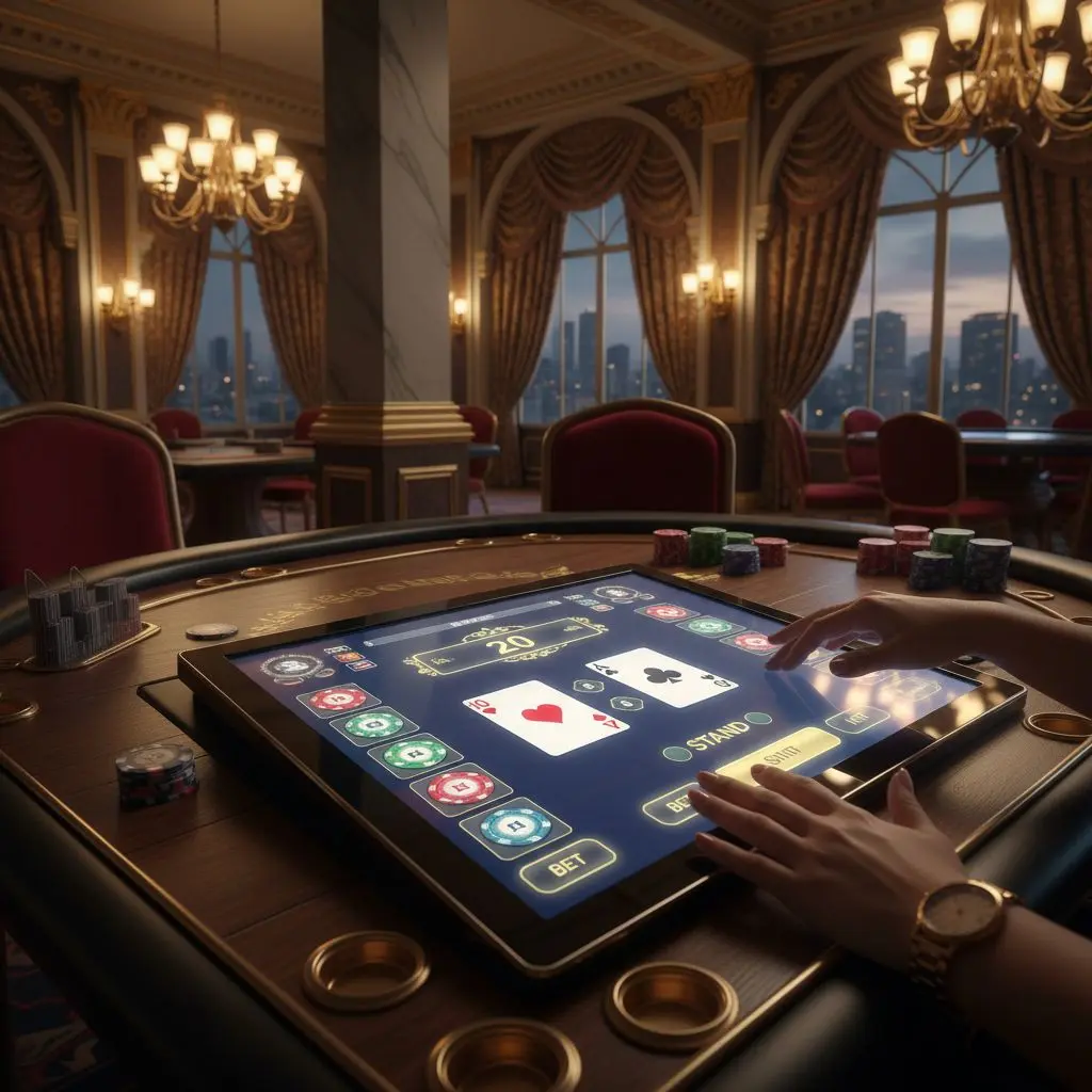 Mesa de Blackjack virtual en Wplay con cartas y fichas digitales.