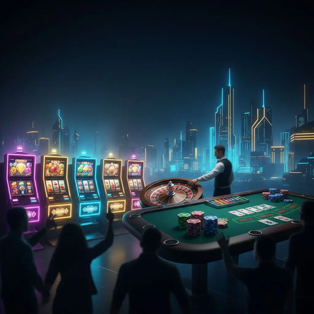 Escena vibrante de casino online en Colombia con tragamonedas, blackjack, poker y ruleta.