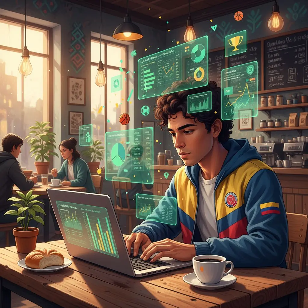 Apostador colombiano revisando estrategias deportivas en Wplay con gráficos y estadísticas