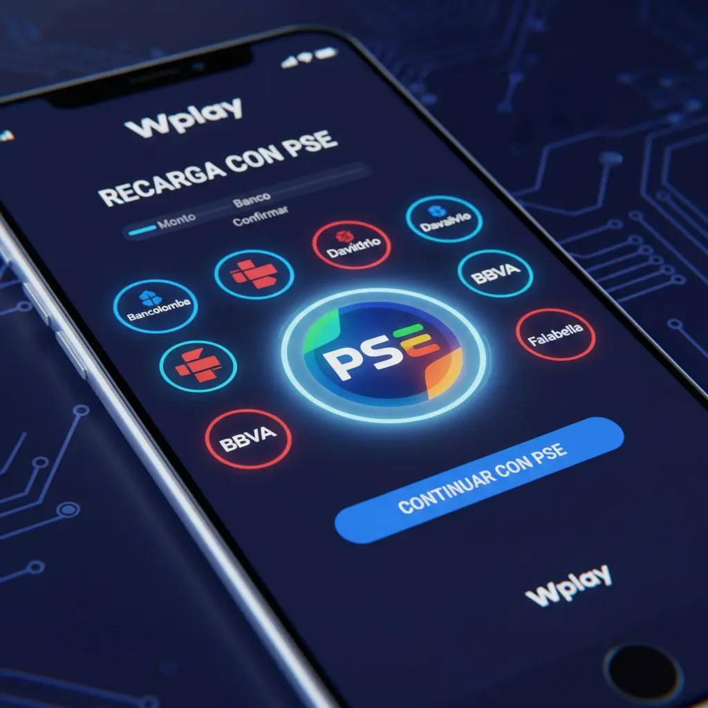 Pantalla móvil mostrando recarga Wplay con PSE, resalta seguridad y facilidad.