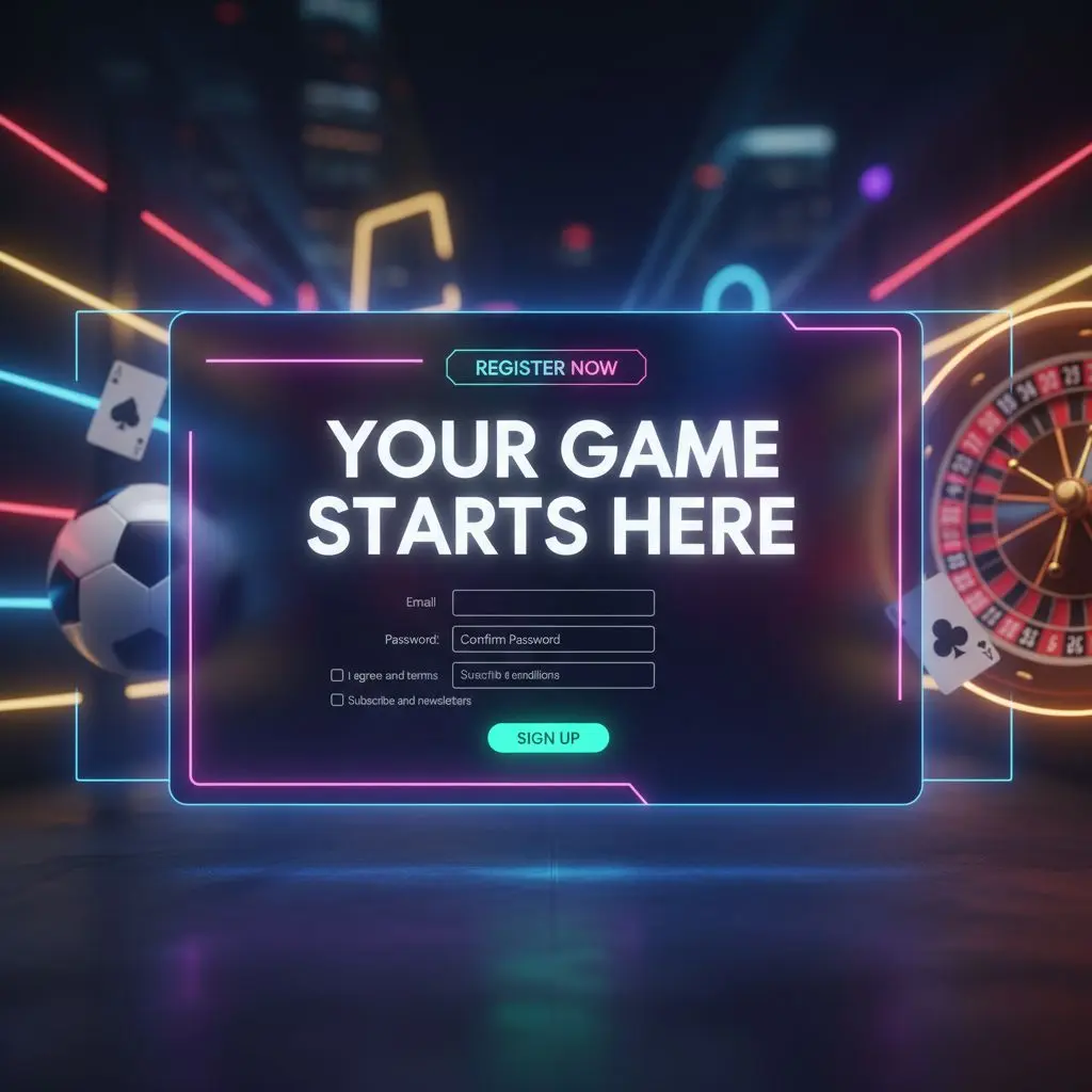 Banner con proceso de registro en Wplay con fondo deportivo y elementos de casino