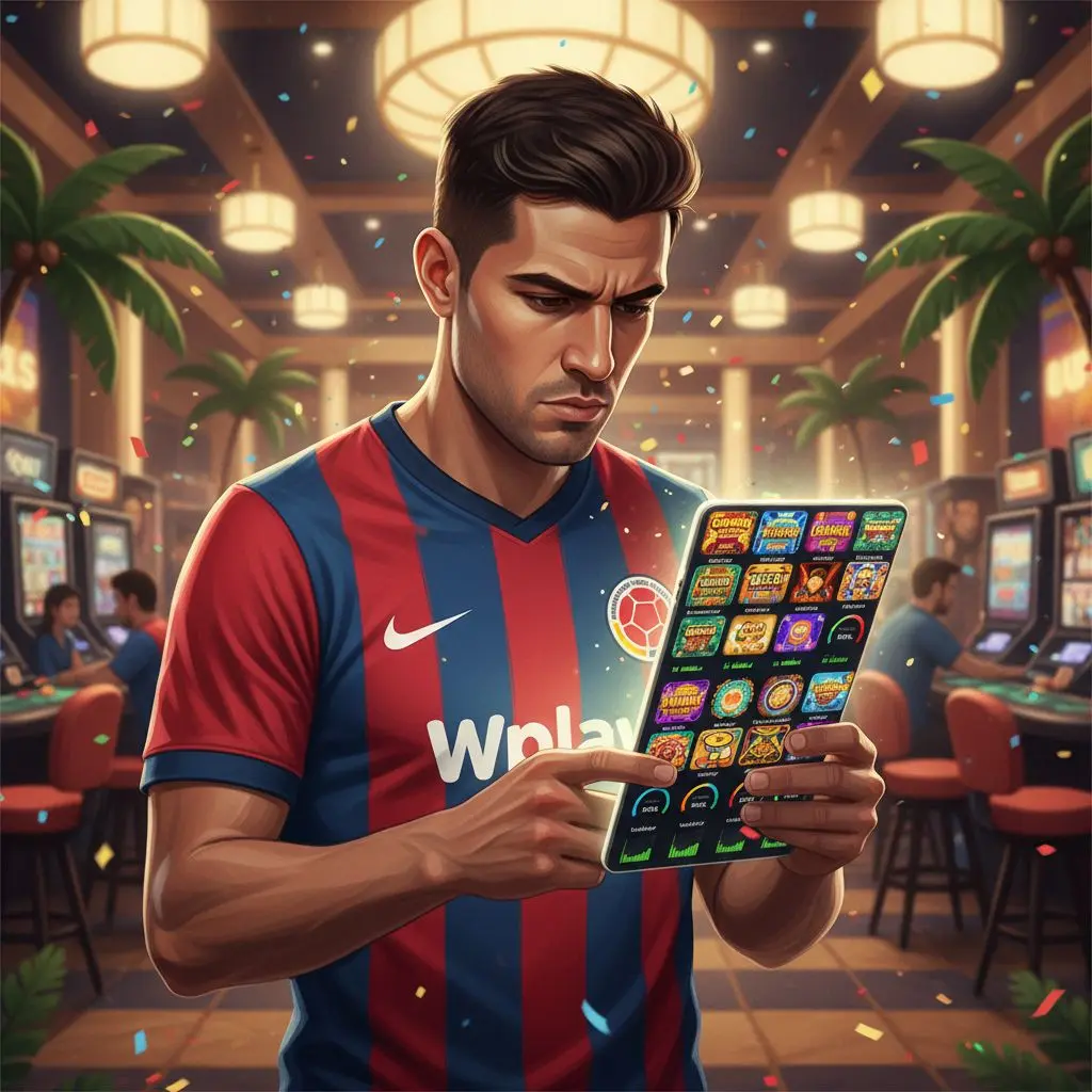 Jugador colombiano eligiendo tragamonedas en Wplay con indicadores de RTP y volatilidad