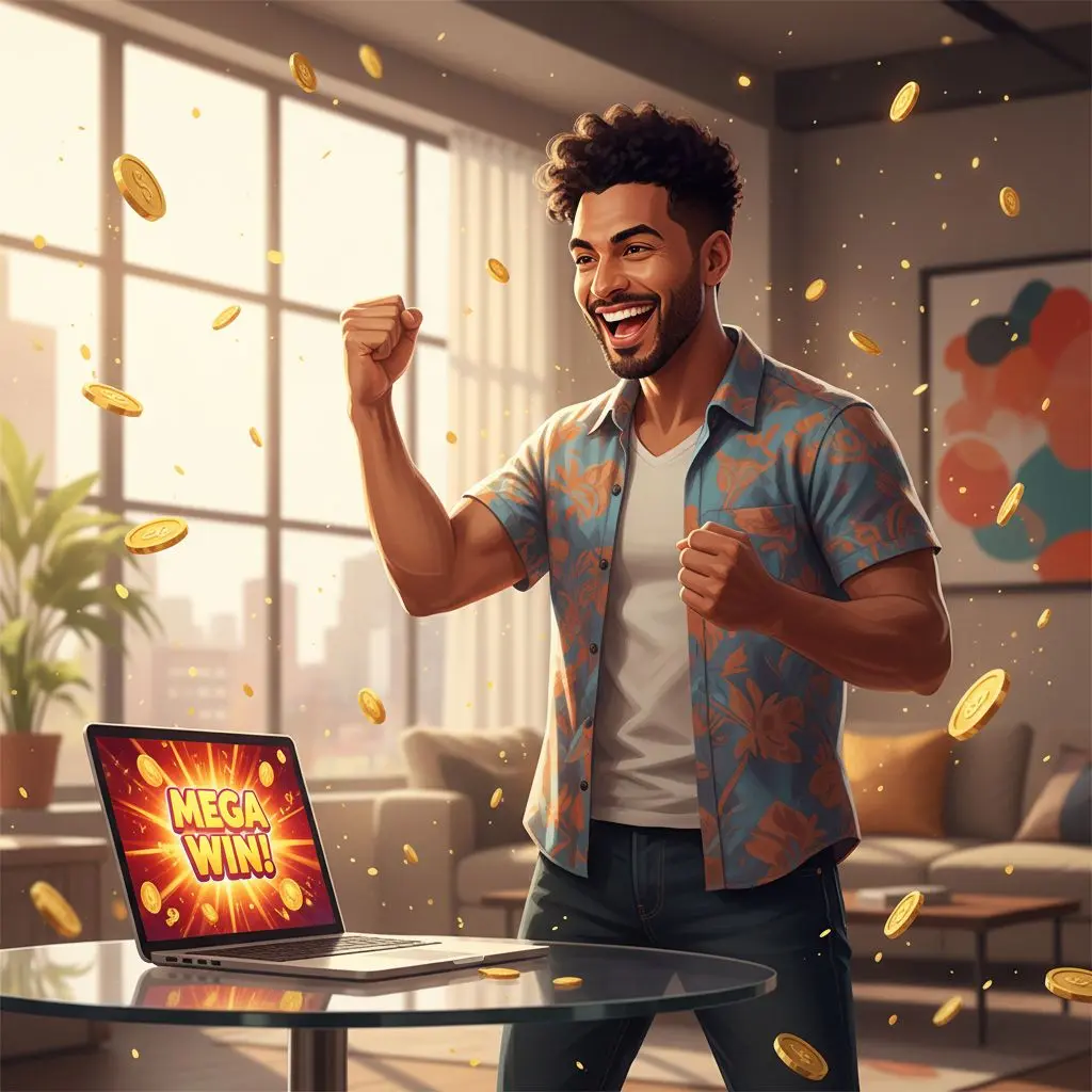 Jugador celebrando una victoria en tragamonedas Wplay con monedas cayendo