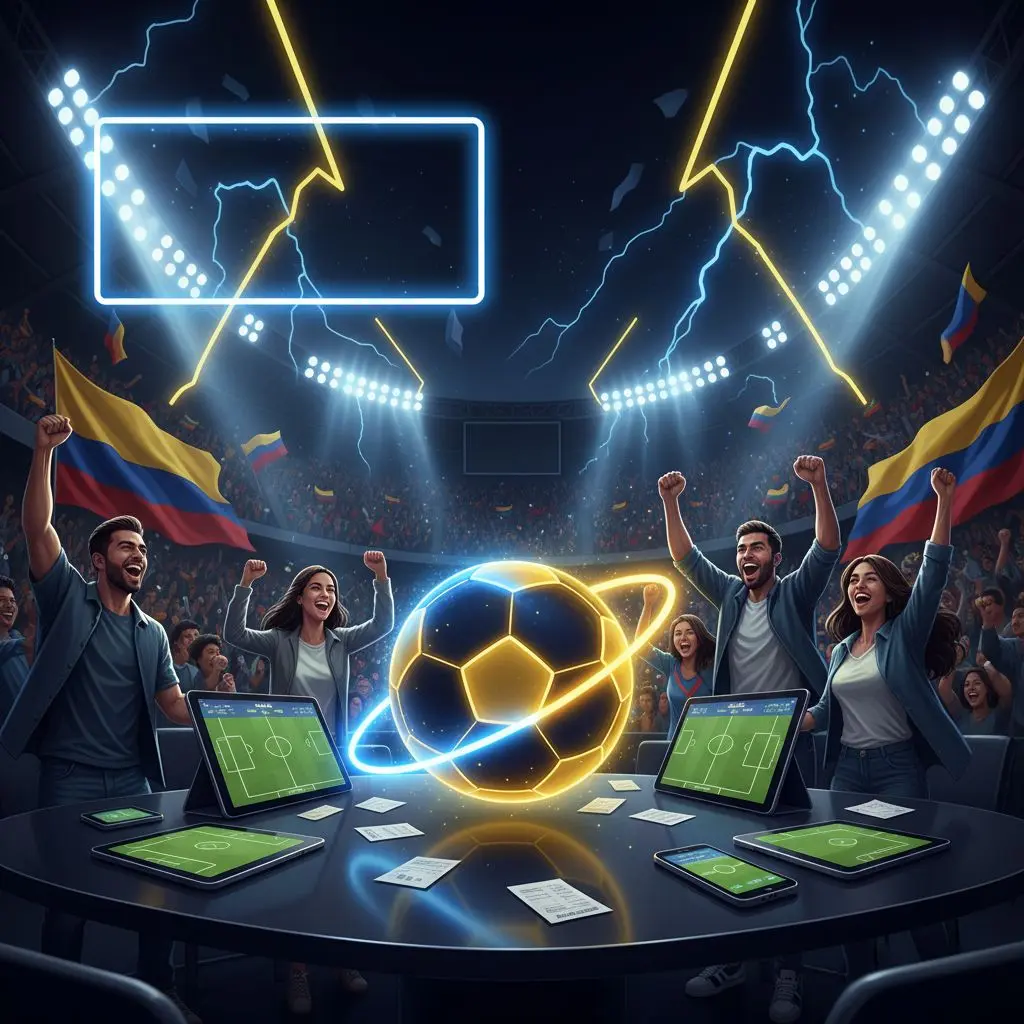 Banner de apuestas de fútbol en Colombia con ambiente festivo y estadio de fondo.