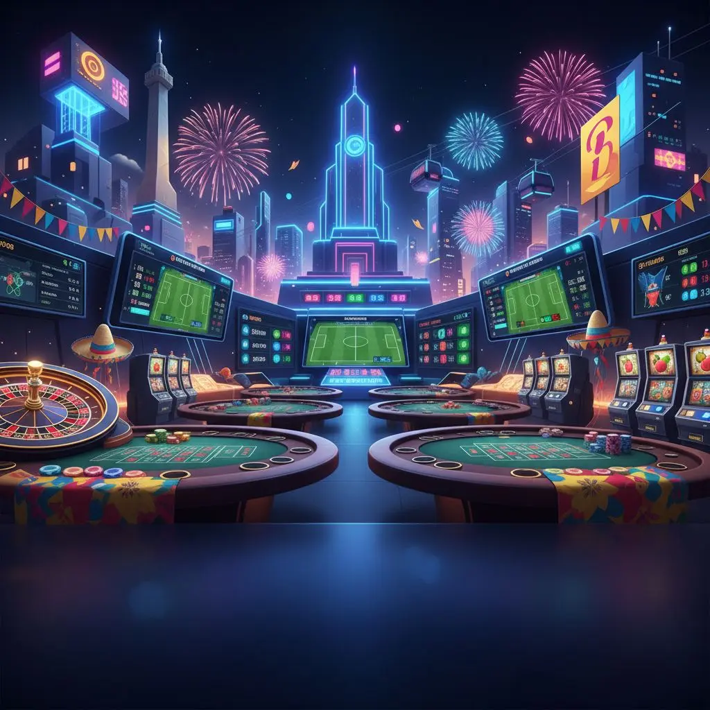 Banner de casino y apuestas deportivas online en Bucaramanga, colores vivos y elementos icónicos