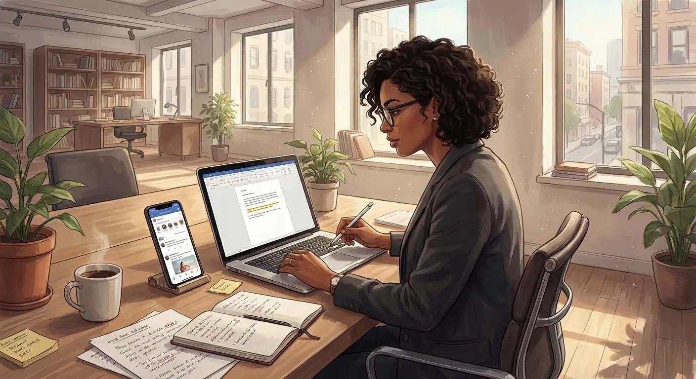 Ilustración de autora trabajando con laptop y celular