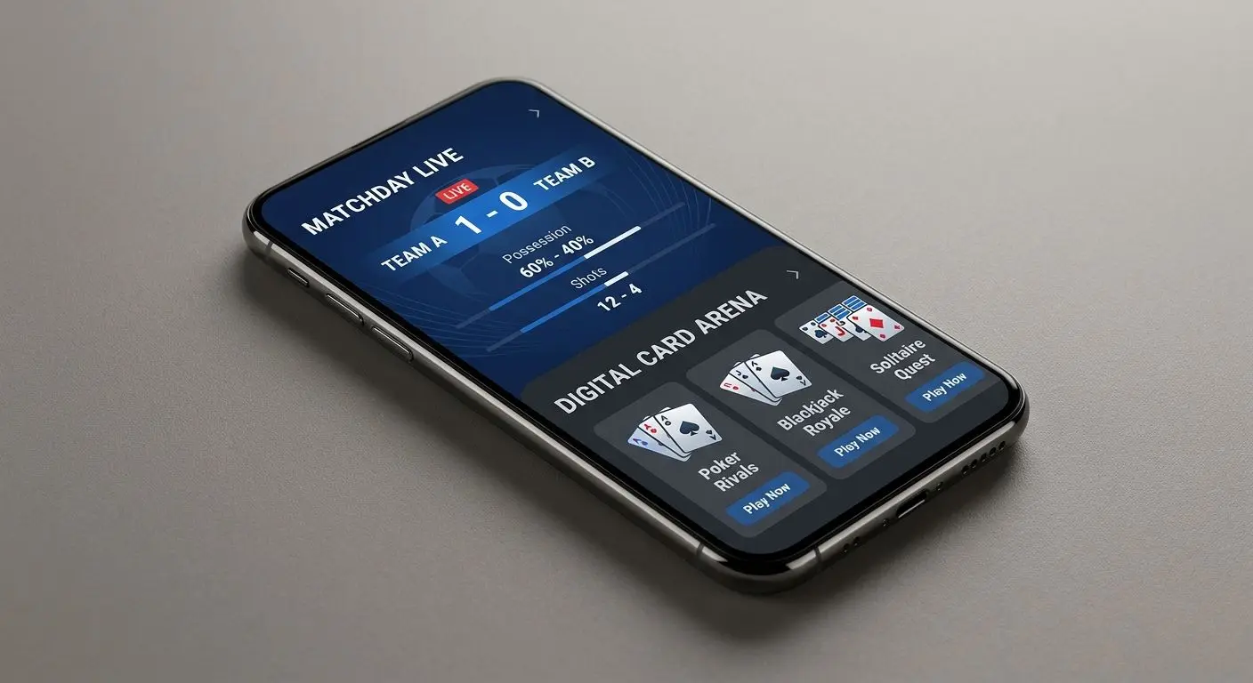 Vista general de interfaz móvil con secciones de deportes y juegos en smartphone