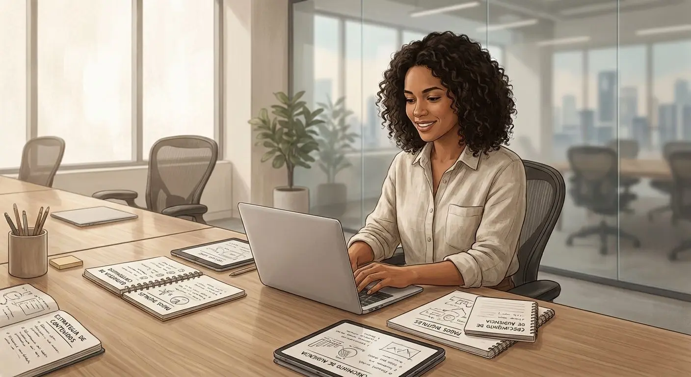 Ilustración de creadora de contenido colombiana trabajando en laptop