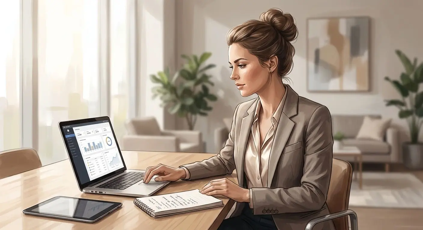 Autora especialista en contenidos SEO Ilustración de una especialista en contenidos digitales en entorno profesional
