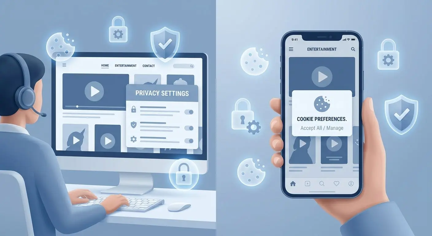 Uso de cookies y navegación en diferentes dispositivos Usuario navegando en varios dispositivos con iconos de cookies y privacidad