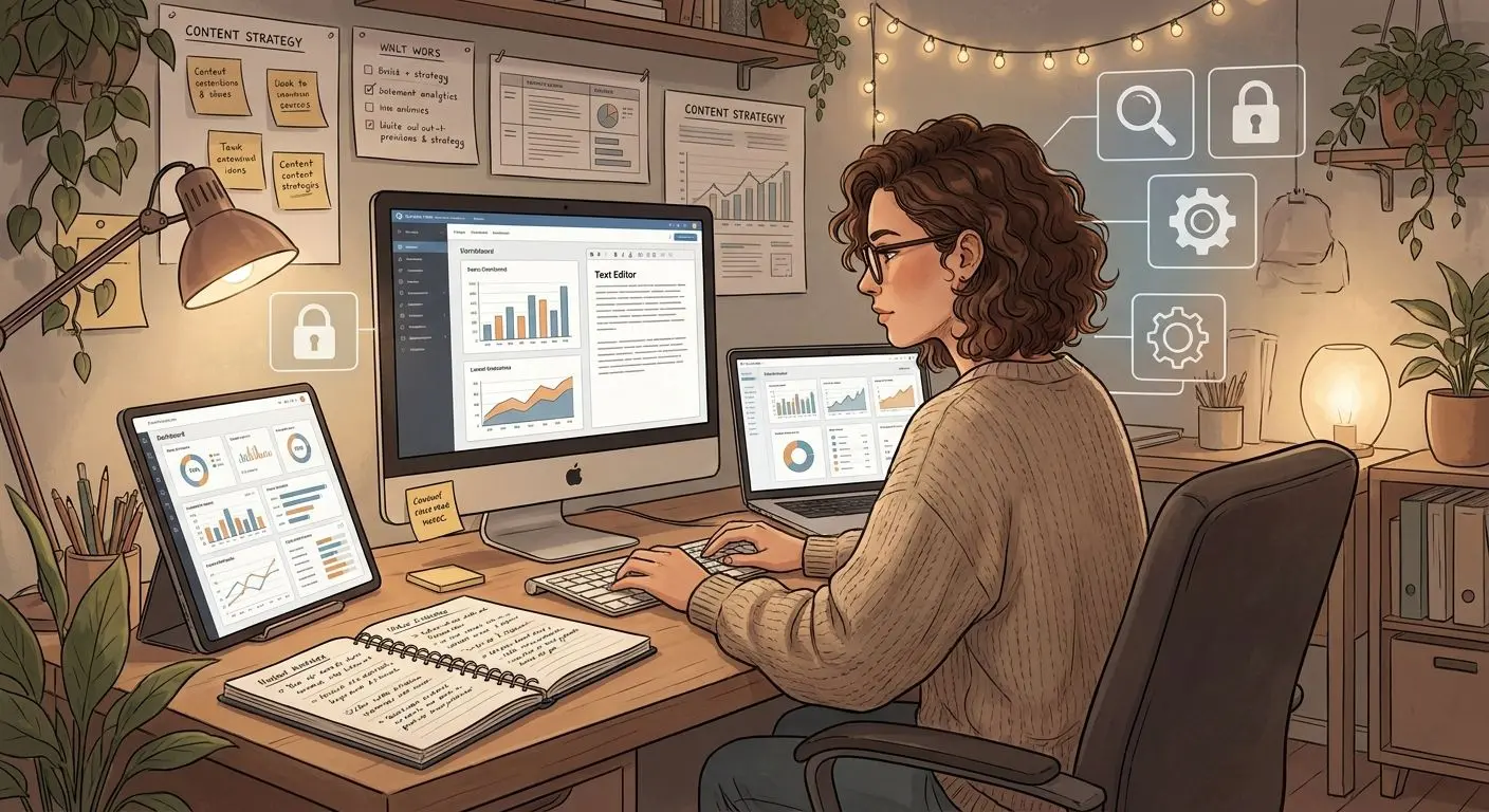 Ilustración de autora de contenidos SEO trabajando en análisis digital