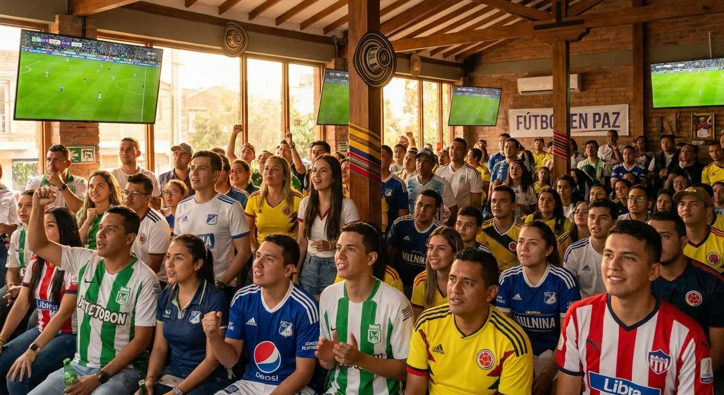 Aficionados de distintas regiones de Colombia viendo un partido en pantallas