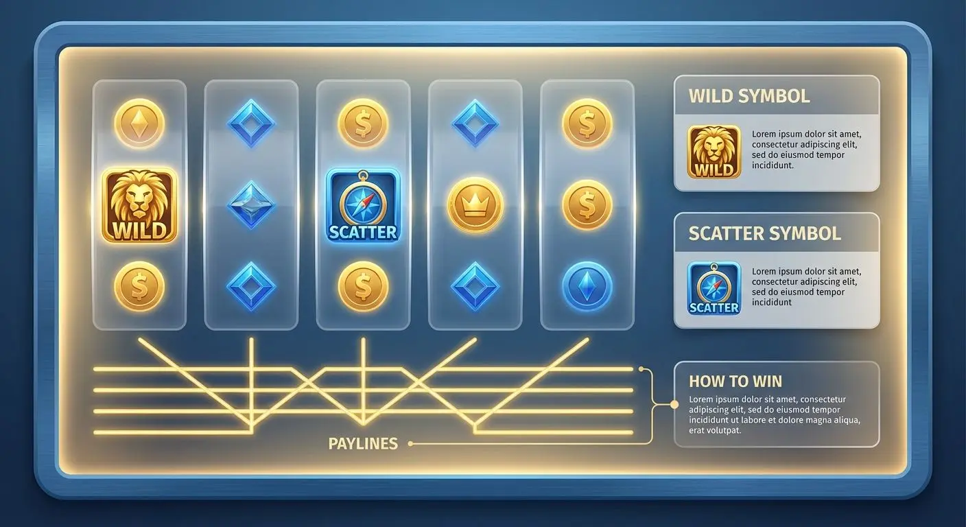Líneas de pago y símbolos de slots Esquema de carretes, líneas de pago y símbolos especiales en tragamonedas