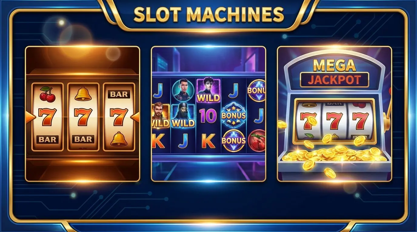 Tipos de tragamonedas Wplay Collage de tragamonedas clásicas, video slots y slots con bote
